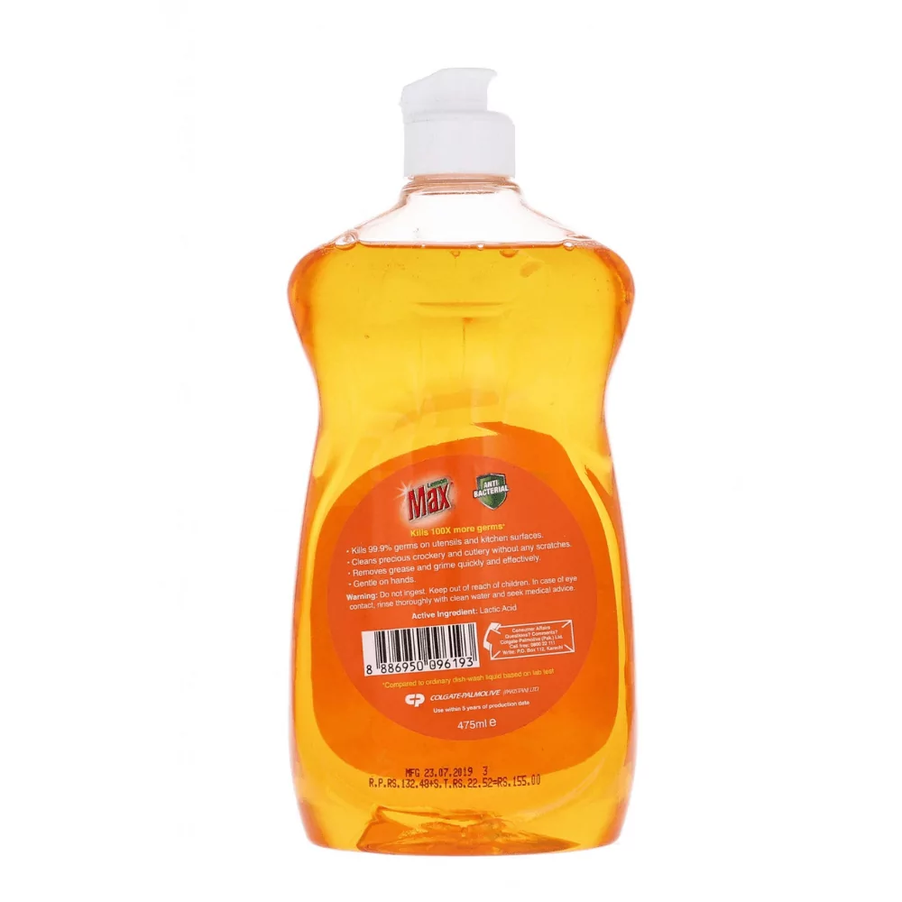 Lemon Max Dishwash Liquid Anti Bacterial, With Real Lemon Juice, 475Ml