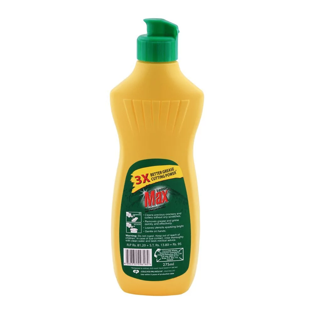 Lemon Max Dishwash Liquid Bottle, With Lemon Juice, 275Ml (3)