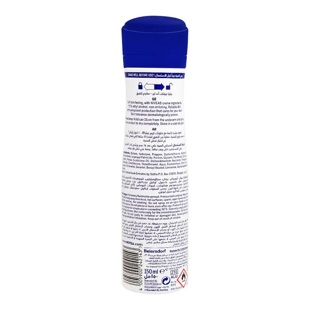 Nivea 48H 0% Alcohol Deodorant Spray, Quick Dry, 150Ml