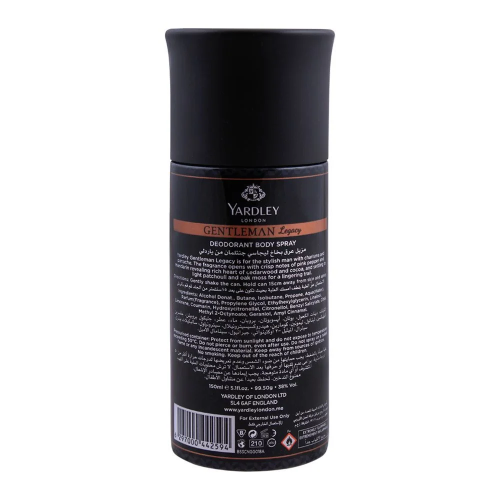 Yardley Gentleman Legacy Deodorant Body Spray, 150Ml