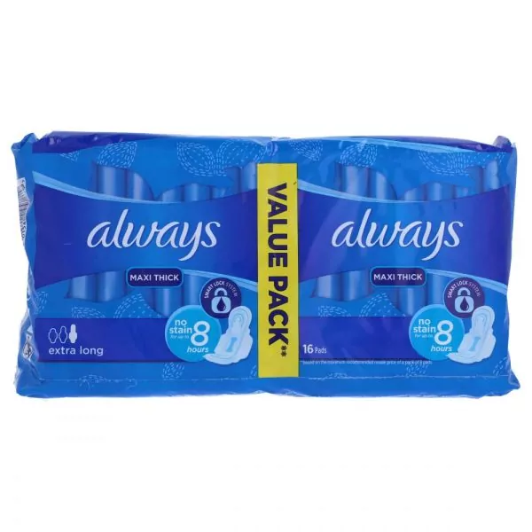 Always Pads Maxi Thick Value Pack Extra Long 16pcs, Enhanced Cushion