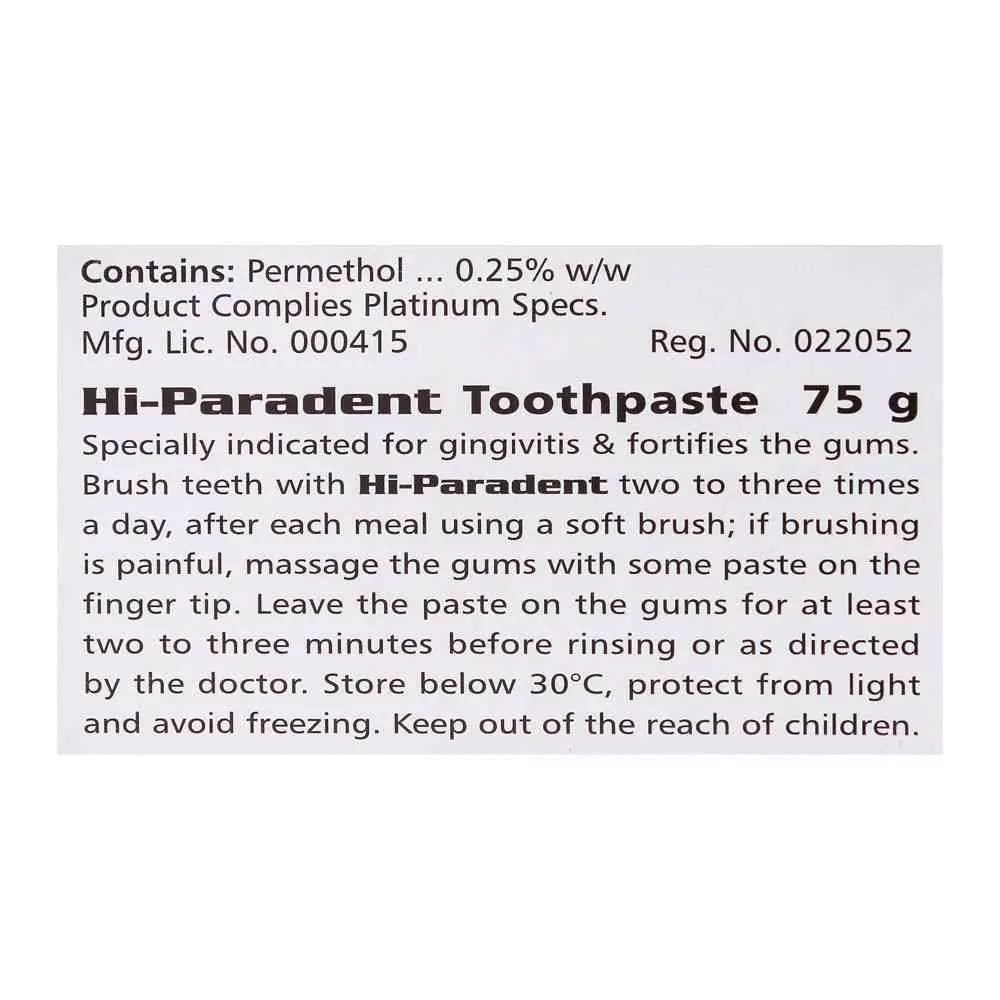 Hi-Paradent Toothpaste Permethol 75Gm