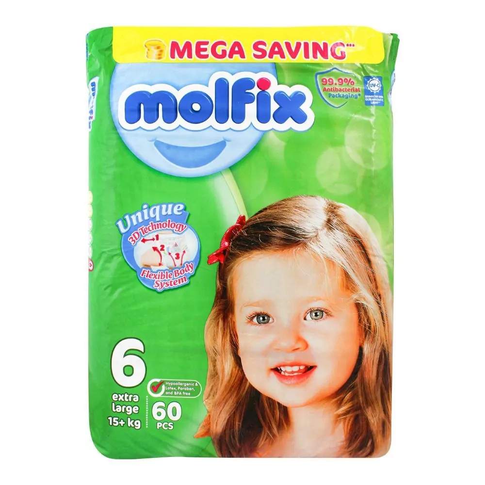 Molfix Diaper Extra Large, Mega Pack Size 6, 15+ Kg, 60-Pack