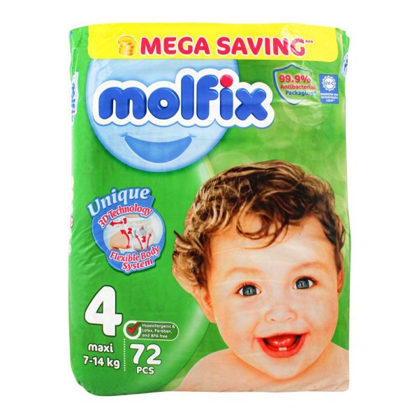 Molfix Diapers Size 4, Maxi, Mega Pack, 7-14 KG, 72-Pack