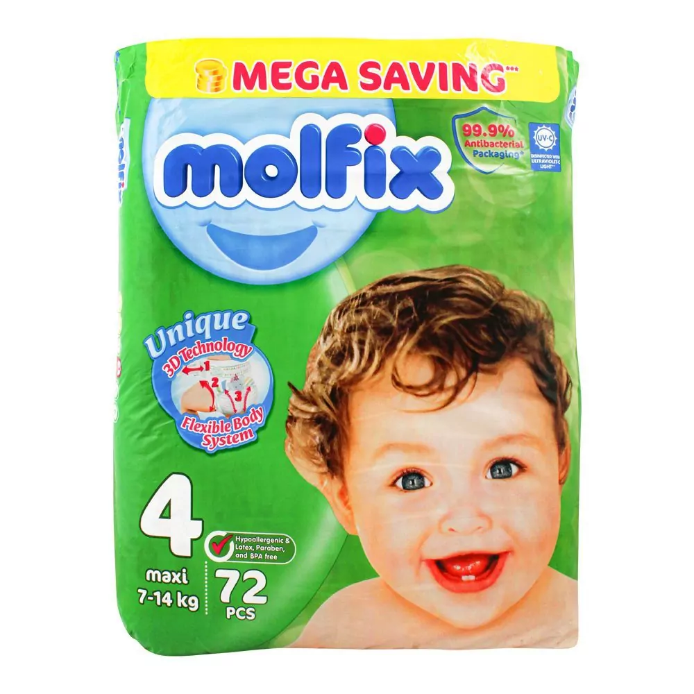 Molfix Diapers Size 4, Maxi, Mega Pack, 7-14 Kg, 72-Pack