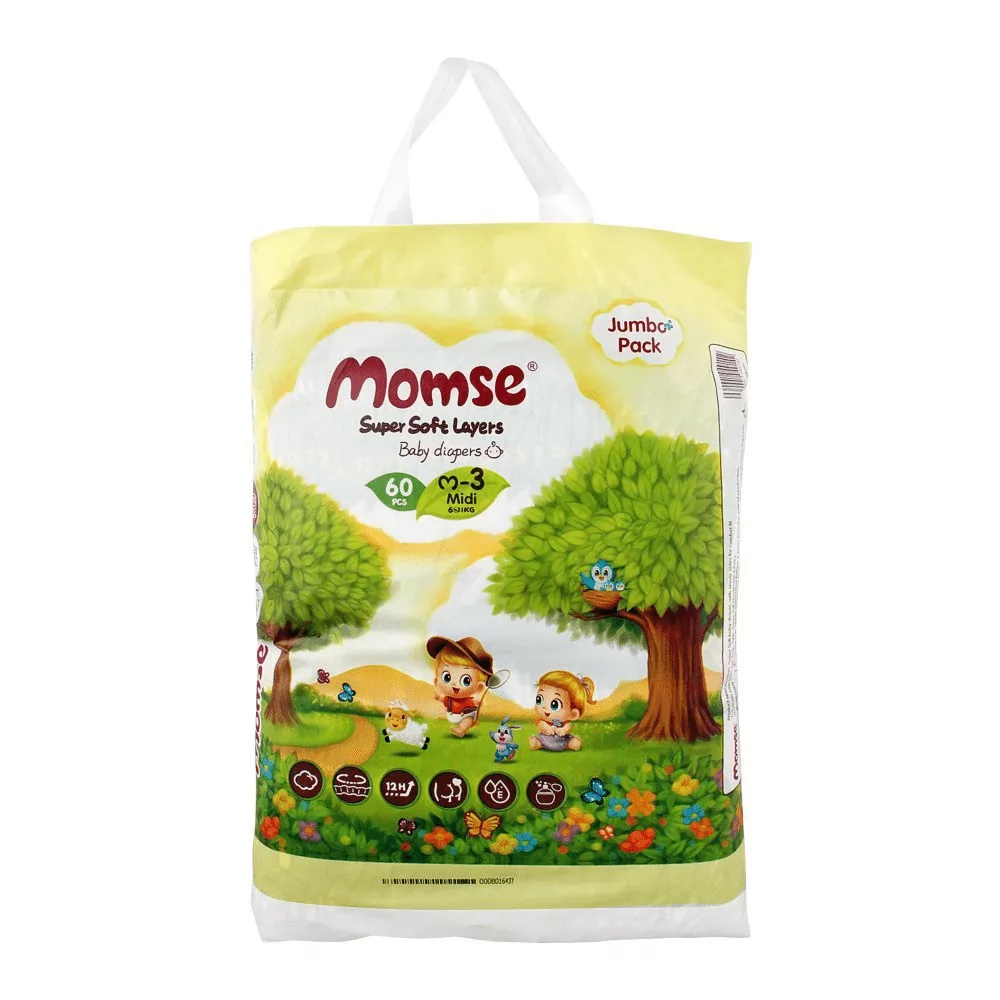 Momse Baby Diapers M-3 Midi, 6-11 Kg, 60-Pack