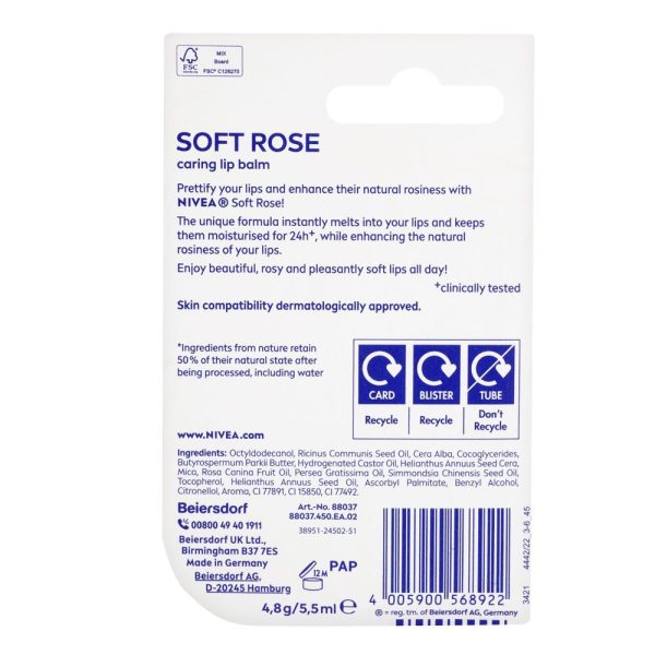 Nivea Lip Care Balm Soft Rose Long Lasting Moisture  4.85g