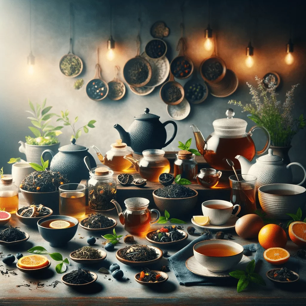 An elegant assortment of different teas, including green, black, herbal, and fruit-infused varieties, displayed with tea leaves, teacups, and a teapot. The image creates a serene tea-tasting ambiance, highlighting the diversity and health benefits of teas, appealing to both tea lovers and health-conscious individuals.