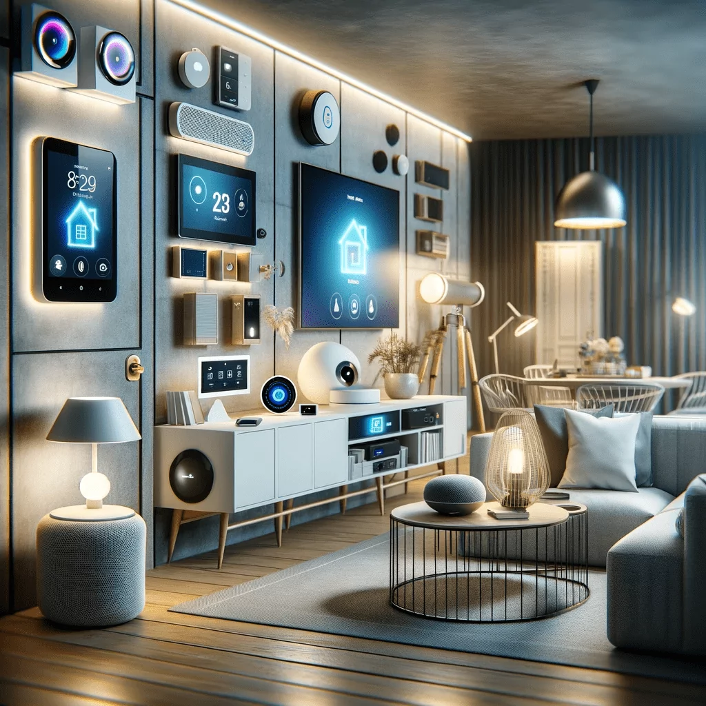 A depiction of various smart home devices, including smart speakers, thermostats, lighting systems, and security cameras, integrated into a stylish home setting. The image reflects the fusion of advanced technology with everyday living, showcasing how these devices add convenience and sophistication to modern homes.