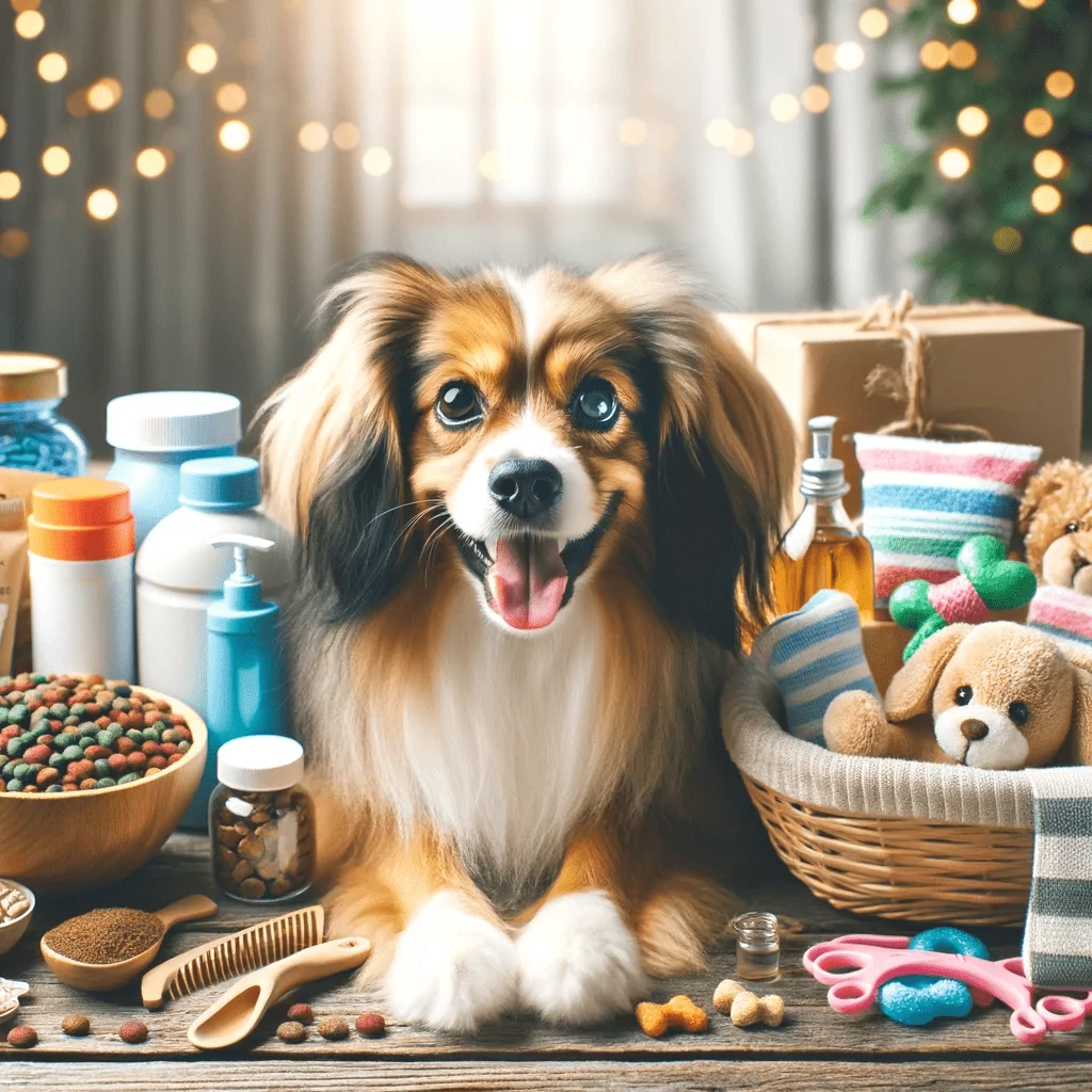 A collection of pet care products including nutritious pet food, playful toys, grooming tools, and health supplements, set against a cozy and pet-friendly backdrop. The image reflects the love and care pet owners have for their pets, emphasizing products that contribute to their pets' health and happiness.