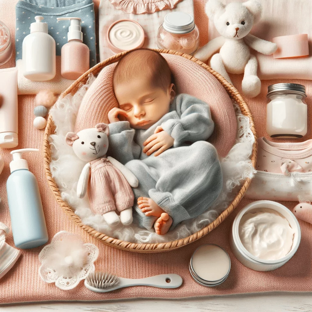 A tender assortment of newborn essentials, including soft blankets, baby clothes, gentle skin care products, and safe toys, arranged to convey care and safety. The image is designed to appeal to new parents seeking the best, most suitable products for their baby's comfort and needs.