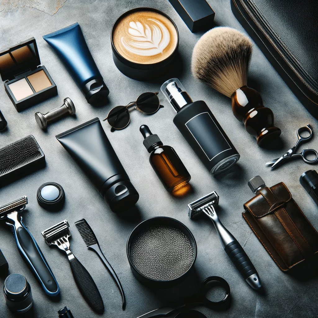 A collection of men's grooming essentials including razors, beard oils, shaving creams, hair styling products, and skincare items, arranged in a sleek and sophisticated manner. The image embodies modern masculinity and style, appealing to the contemporary man who values a refined and organized grooming routine.