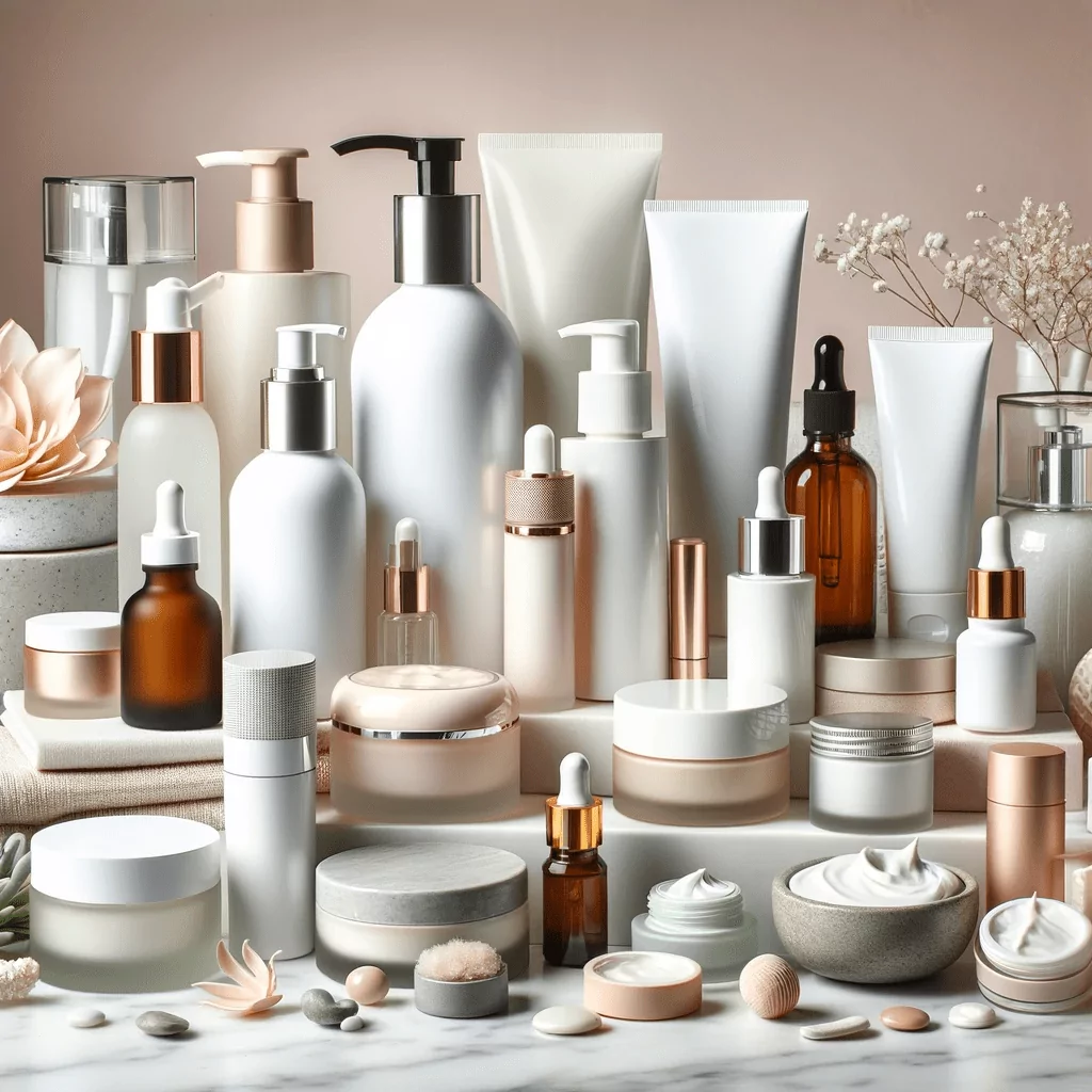 An assortment of skincare products including moisturizers, serums, cleansers, and face masks, curated for various skin types like dry, oily, combination, and sensitive. The image presents a well-organized and elegant display, emphasizing the importance of choosing skincare products that cater specifically to individual skin needs, appealing to those seeking optimal skincare routines.