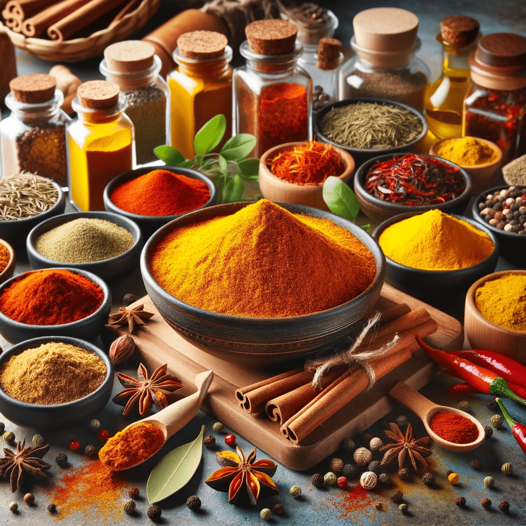 An array of vibrant spices, including turmeric, cinnamon, cumin, chili powder, and saffron, artistically arranged in a kitchen setting. The image celebrates the rich diversity and aromatic intensity of spices, enticing culinary enthusiasts to experiment and enhance their cooking with these flavorful ingredients.