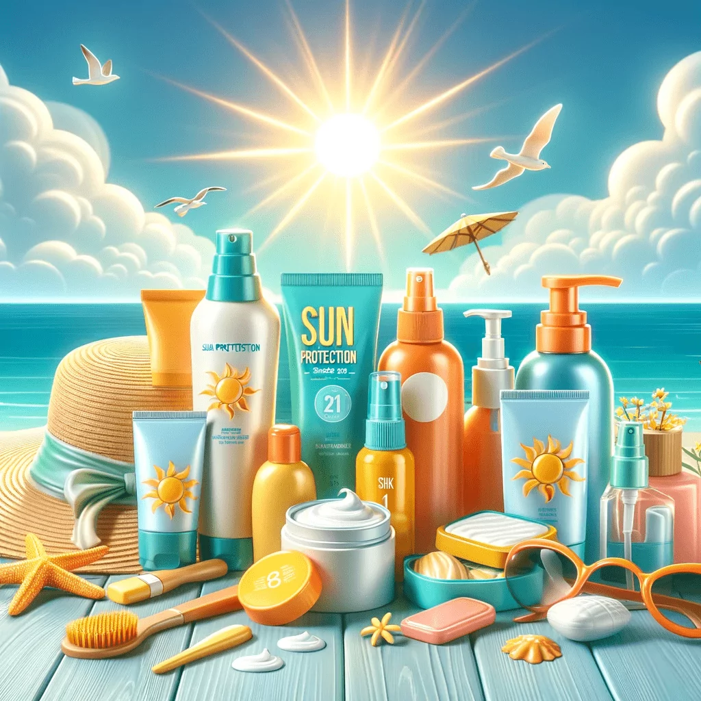 An assortment of sunscreens in various forms - lotions, sprays, and sticks - displayed against a sunny outdoor setting, accompanied by sunglasses, a hat, and a beach towel. The image underlines the importance of sun protection, catering to an audience dedicated to skincare and safety from the sun's rays.