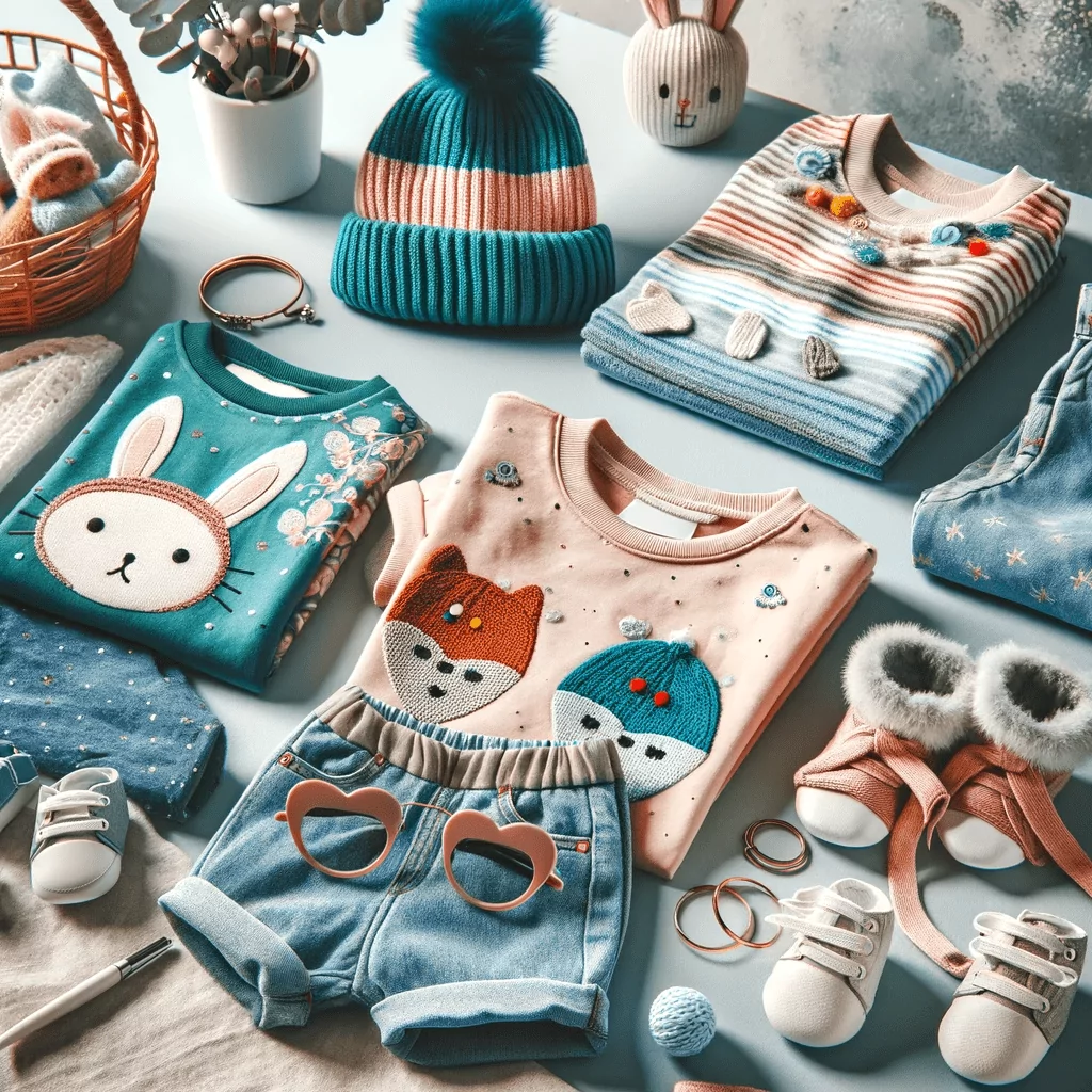 A vibrant and playful display of fashionable baby clothing for 2024, featuring modern designs, bright colors, and unique patterns. The image captures the essence of contemporary baby fashion, appealing to parents seeking trendy and stylish clothing options for their little ones.