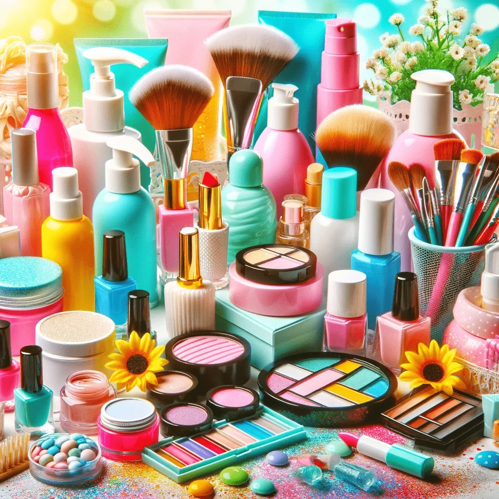 A vibrant display of budget-friendly beauty products, including skincare creams, makeup items, hair care essentials, and nail polishes. The image is lively and colorful, highlighting the effectiveness and affordability of these products, appealing to those seeking beauty solutions that deliver results without breaking the bank.