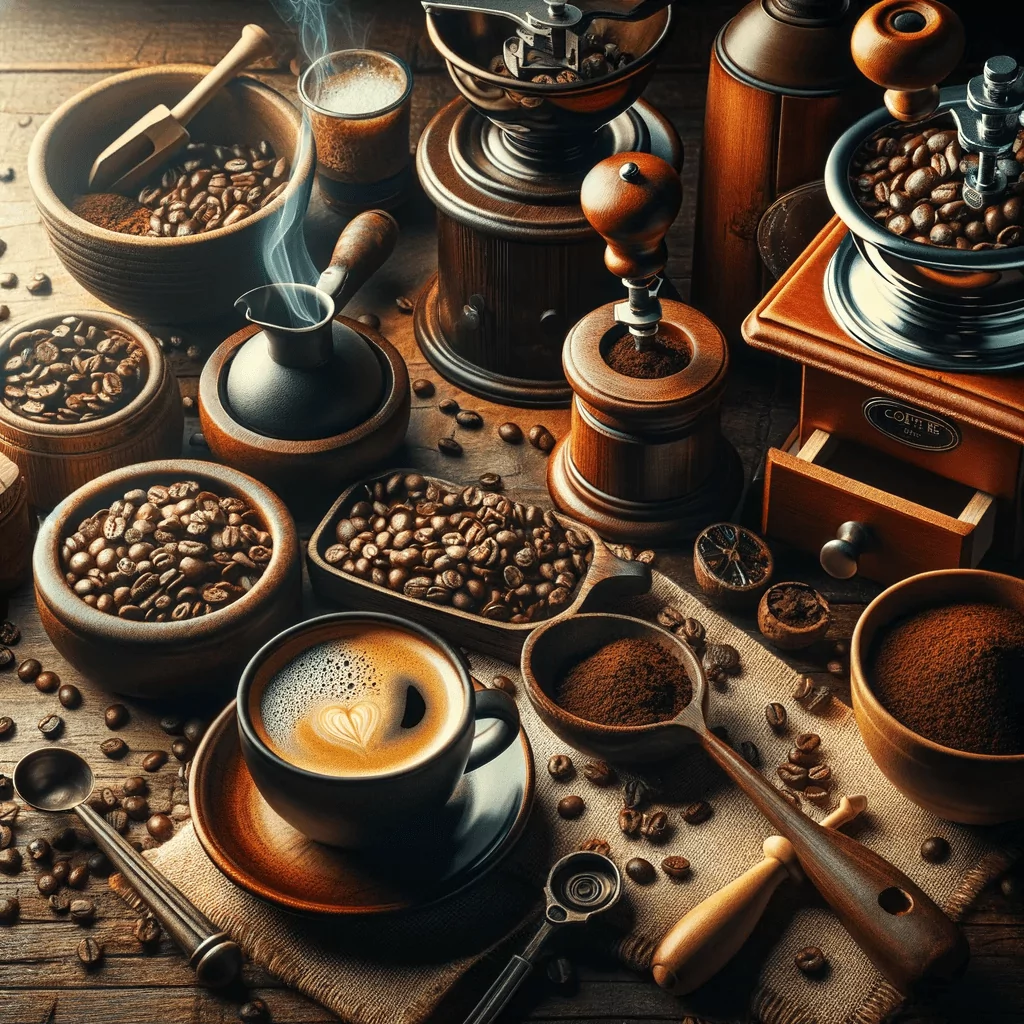 An aromatic journey through the art of coffee making, featuring whole coffee beans, a grinder, a coffee machine or French press, and a steaming cup of freshly brewed coffee. Set in a cozy café or home kitchen, the image captures the craftsmanship and enjoyment in coffee preparation, appealing to coffee lovers and connoisseurs who relish the process from bean to brew.