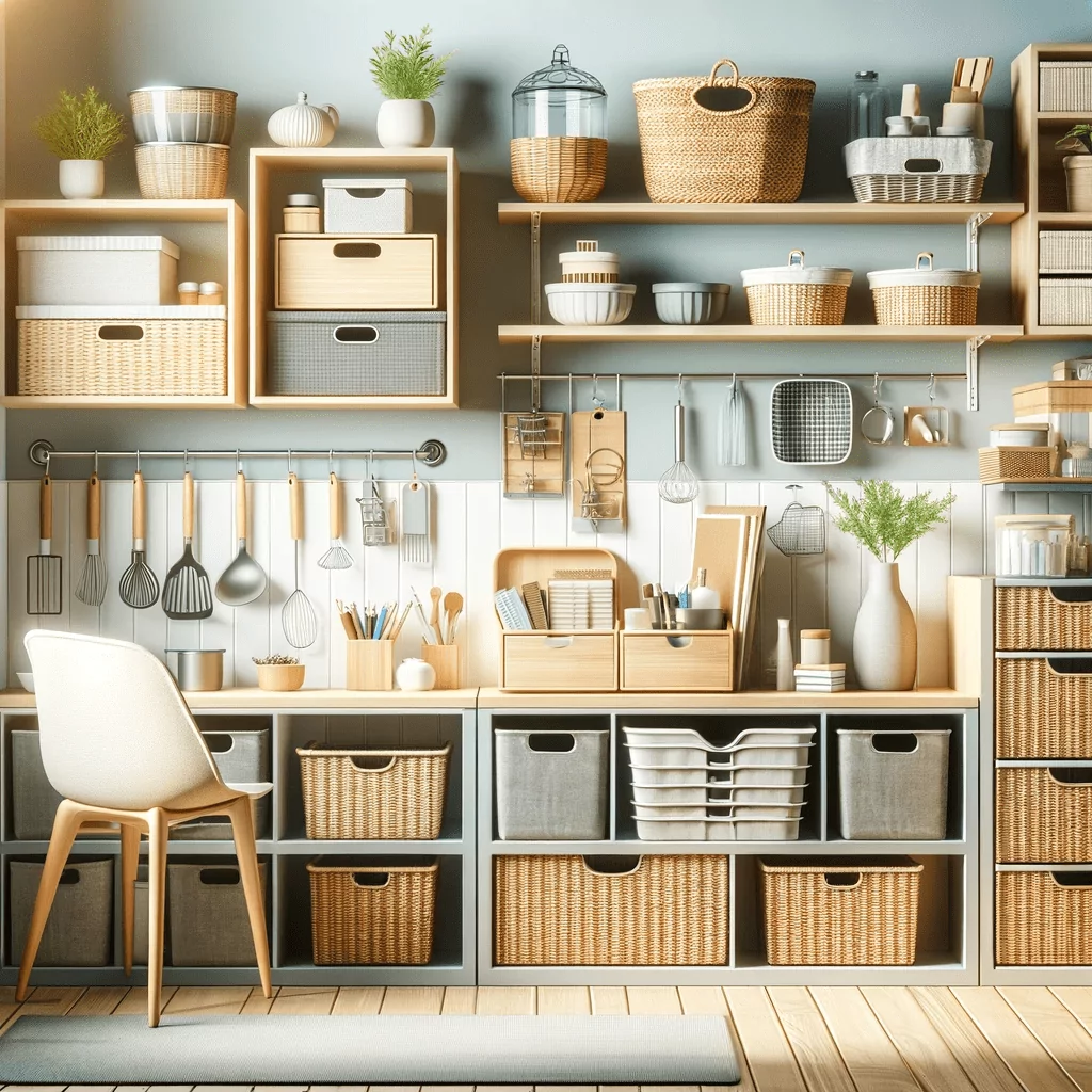 An assortment of storage solutions, including shelves, baskets, containers, and drawer organizers, neatly arranged in a home setting. The image showcases how these storage options can be effectively used in different areas like the kitchen, living room, or bedroom, emphasizing their role in maintaining an organized and clutter-free space.