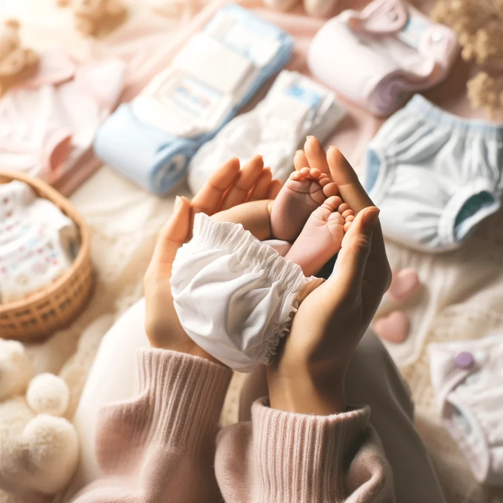 A variety of baby diapers, including cloth, disposable, and eco-friendly options, arranged in a nurturing and detailed manner. The image exudes a sense of care and consideration, aimed at parents who are navigating the choices of diapers for their baby's comfort and well-being.