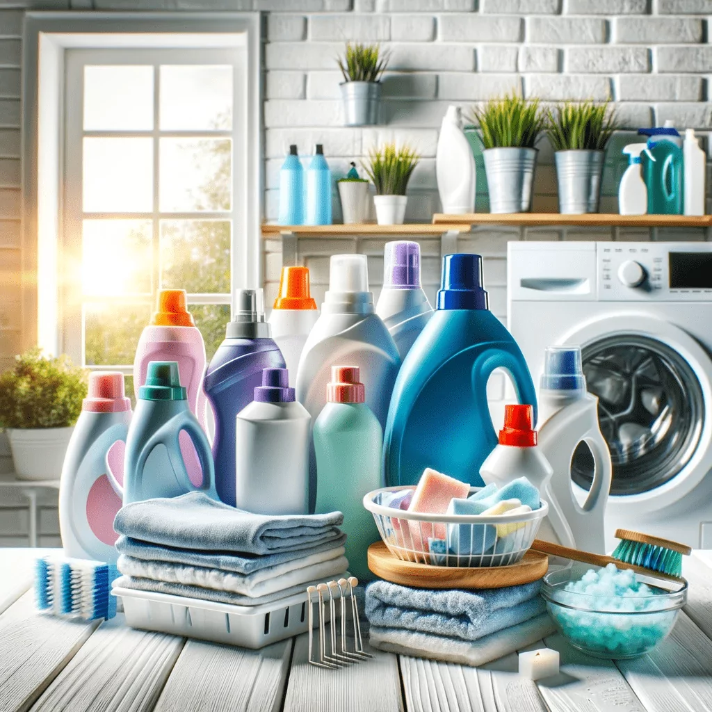 A selection of laundry products including detergents, fabric softeners, stain removers, and bleaches, neatly arranged in a laundry room setting. The image emphasizes the importance of using the right products for effective cleaning, catering to an audience keen on enhancing their laundry routine with the best available options.