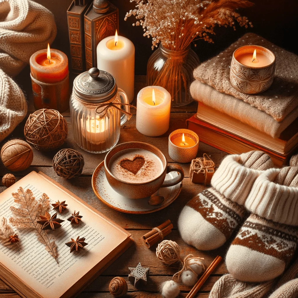 A cozy arrangement of winter essentials, including warm blankets, glowing candles, engaging books, a hot cup of cocoa or tea, and plush slippers. The image evokes a sense of warmth, relaxation, and homely comfort.