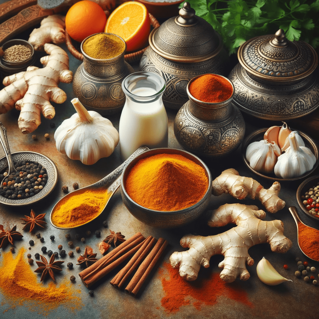 A culturally rich and health-focused display of common Pakistani spices, including turmeric, ginger, garlic, cumin, and black pepper. The image highlights their medicinal properties alongside their culinary significance, set in a traditional Pakistani kitchen or dining setting. This visual composition emphasizes the integral role of these spices in both enhancing flavor and promoting health in Pakistani cuisine.