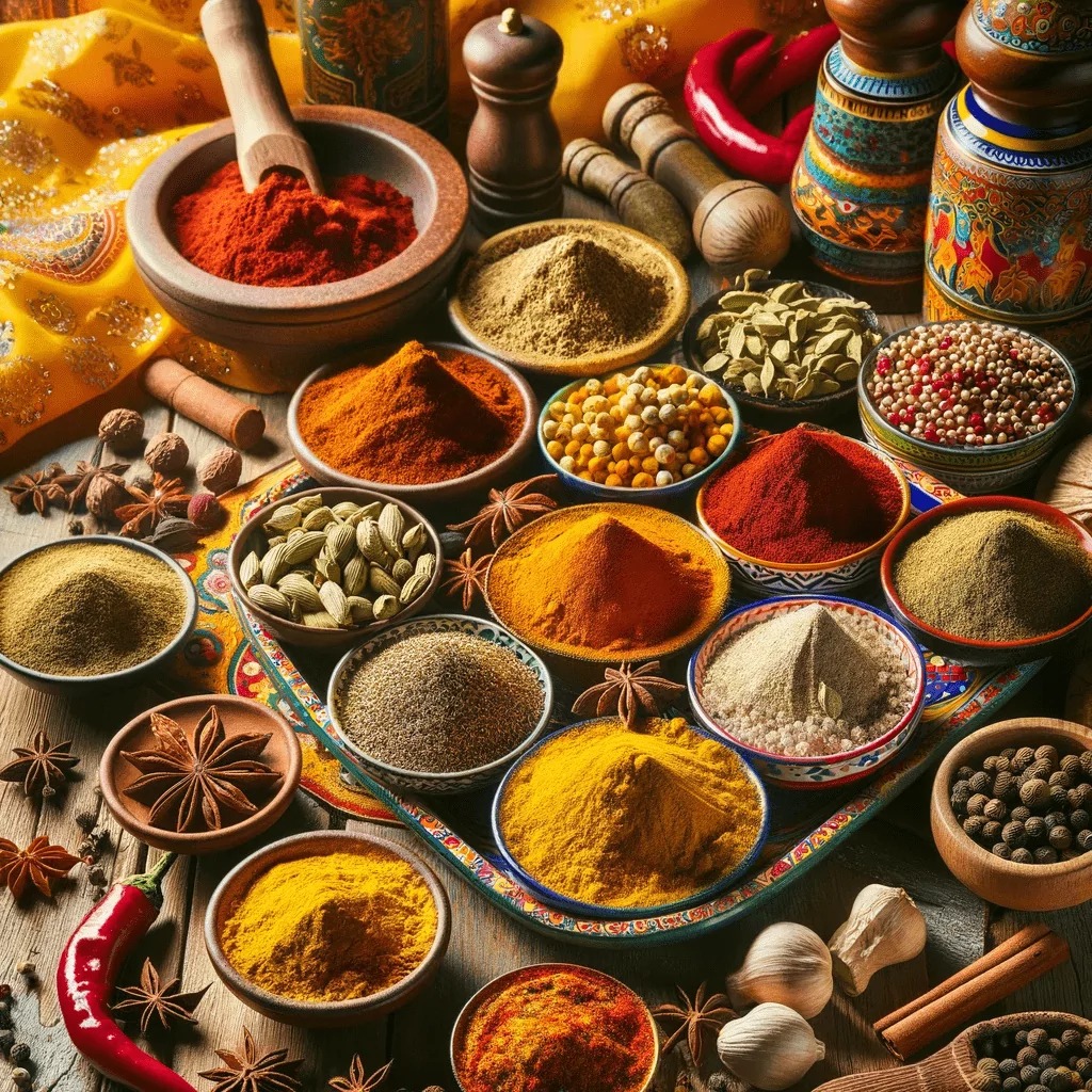 A colorful and cultural representation of traditional Pakistani spices, including turmeric, cardamom, cumin, coriander, garam masala, and chili powder. The spices are presented in traditional bowls or with a mortar and pestle, reflecting the depth and diversity of flavors in Pakistani cuisine. This image captures the essence of Pakistani culinary traditions, appealing to those eager to delve into the world of rich and flavorful Pakistani spices.