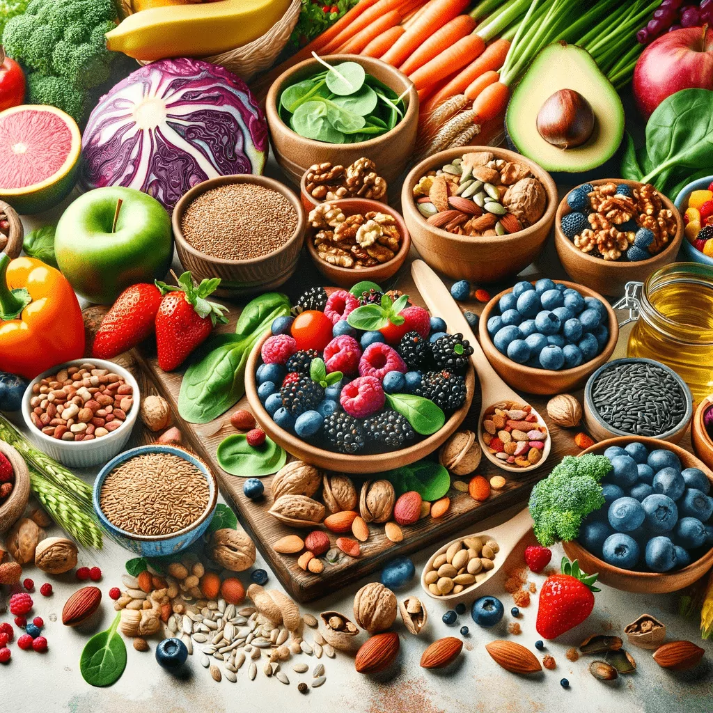 A colorful array of superfoods, including berries, nuts, seeds, leafy greens, and grains, artistically presented to highlight their health benefits. The setting, either a kitchen or a market-like environment, enhances the appeal of these nutritious foods, underscoring their role in a healthy diet and appealing to those interested in nutrition and wellness.