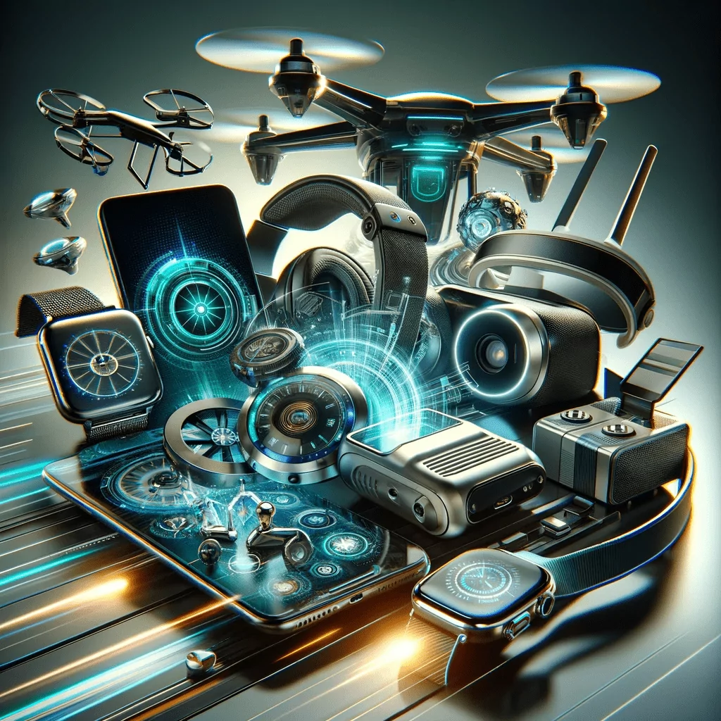 A dynamic array of the latest electronic gadgets, including smartphones, tablets, smartwatches, drones, and VR headsets, presented in a sleek and futuristic setting. The image emphasizes the advanced technology and innovation of these devices, appealing to tech enthusiasts eager to discover the newest and most sophisticated electronic innovations.