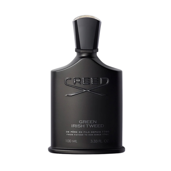 Creed Green Irish Tweed 100ml Eau de Parfum bottle with fresh notes of lemon verbena, iris, violet leaf, ambergris, and sandalwood.