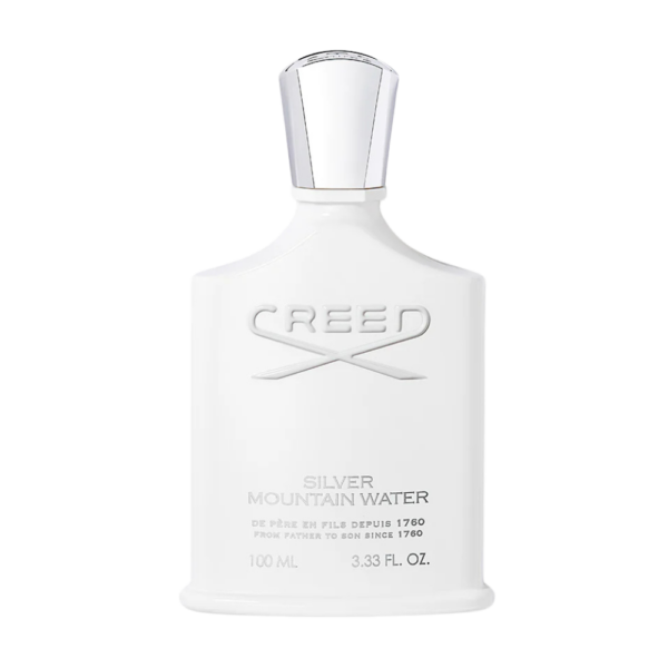 Creed Silver Mountain Water 100ml Eau de Parfum bottle featuring a refreshing blend of citrus, green tea, musk, and sandalwood notes.