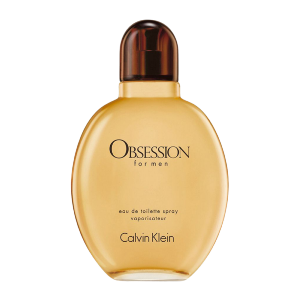 Calvin Klein Obsession for Men EDT 125ml bottle featuring a bold blend of amber, myrrh, and sandalwood.