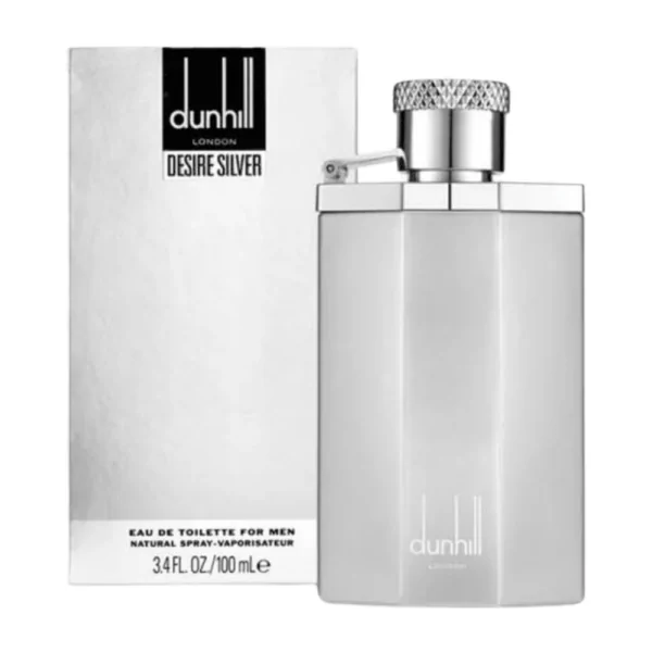 Dunhill Desire Silver EDT 100ml bottle for men featuring a refreshing blend of bergamot and warm amber.