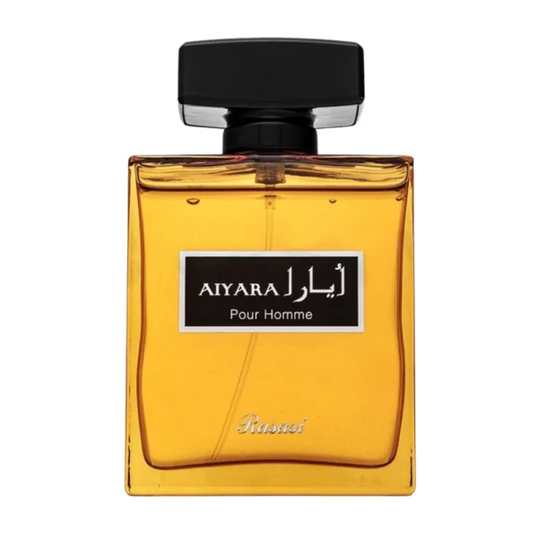 Rasasi Aiyara Pour Homme EDP 100ml bottle for men featuring a fresh blend of cardamom, geranium, and amber.