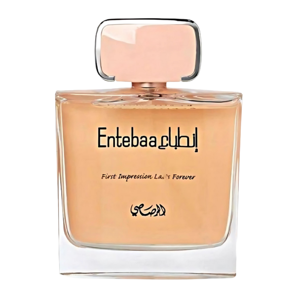 Rasasi Entebaa Pour Femme EDP 100ml bottle for women featuring a soft blend of black currant, rose, and sandalwood.