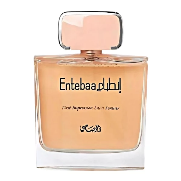 Rasasi Entebaa Pour Femme EDP 100ml bottle for women featuring a soft blend of black currant, rose, and sandalwood.