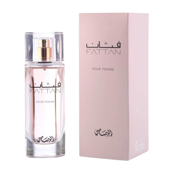 Rasasi Fattan Pour Femme EDP 50ml bottle for women featuring a blend of jasmine, patchouli, and amber.