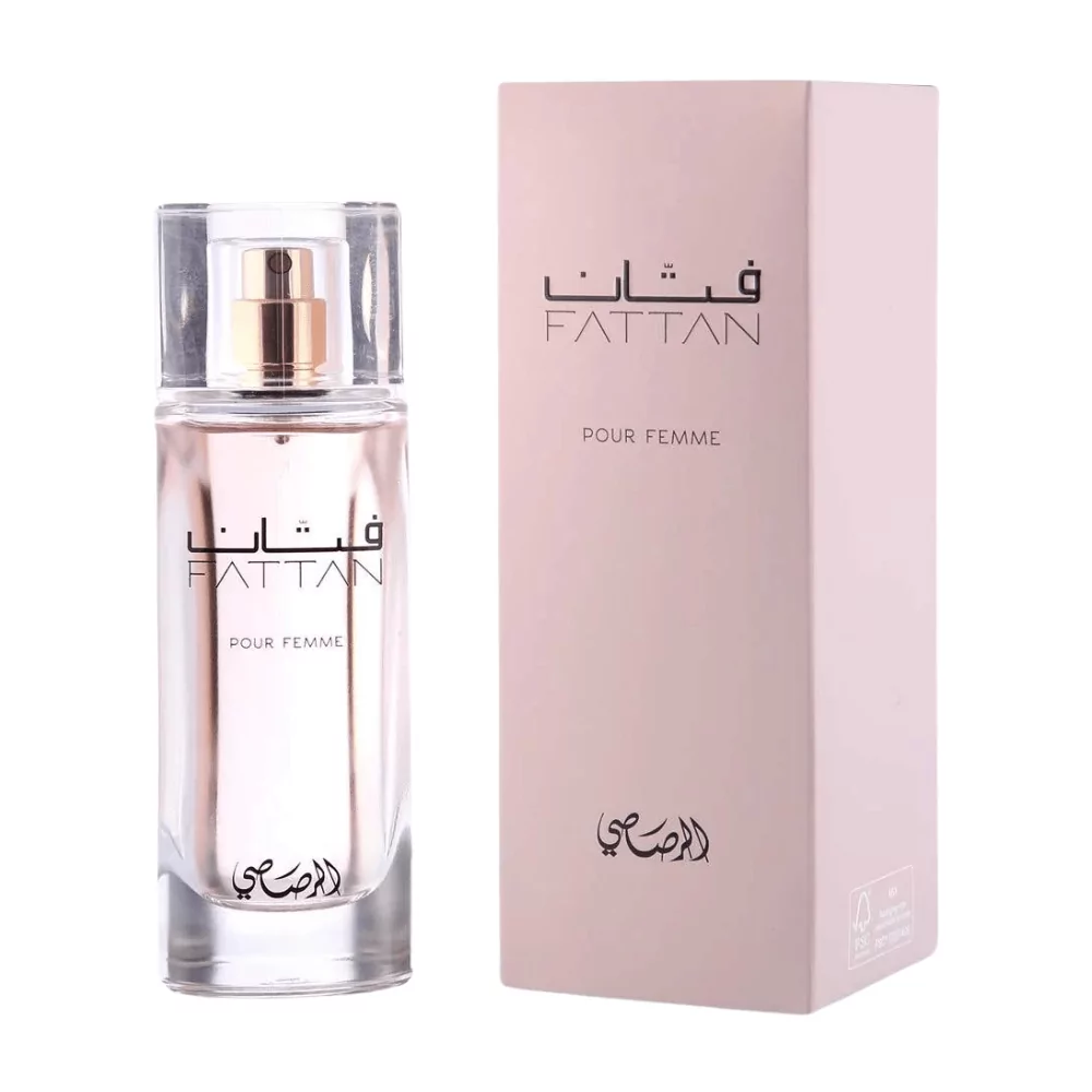 Rasasi Fattan Pour Femme Edp 50Ml Bottle For Women Featuring A Blend Of Jasmine, Patchouli, And Amber.