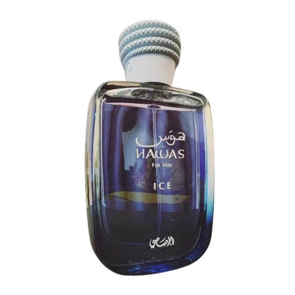 Rasasi Hawas Ice for Him EDP 100ml bottle for men featuring a fresh blend of frozen apple, marine accords, and amber.