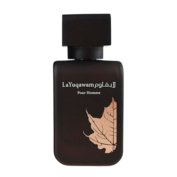 Rasasi La Yuqawam Homme EDP 75ml bottle for men featuring a bold blend of leather, oud, and jasmine.