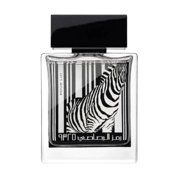 Rasasi Rumz Al Rasasi 9325 Zebra Pour Lui EDP 50ml bottle for men with a fresh mix of leather, cedarwood, and bergamot.