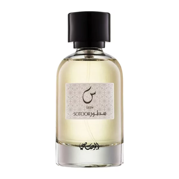 Rasasi Sotoor Seen EDP 100ml bottle for men and women featuring a fresh blend of pear, rose, and musk.