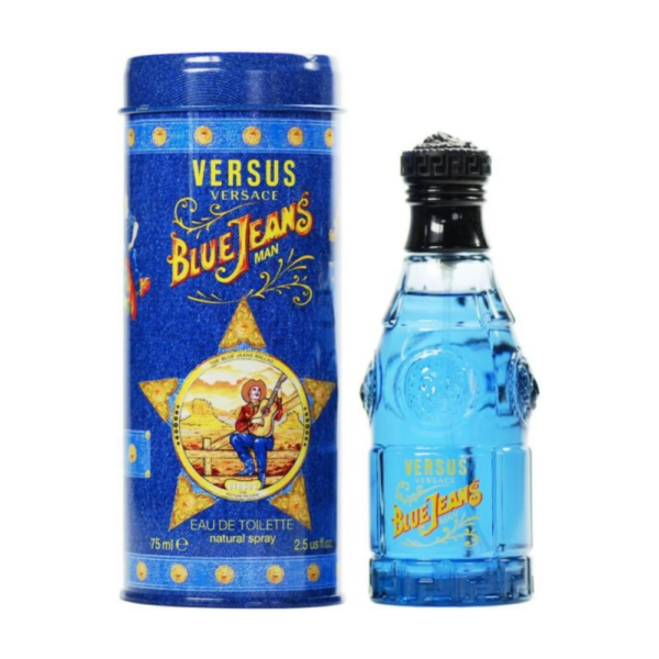 Versace Blue Jeans EDT 75ml bottle for men featuring a fresh and aromatic fragrance with citrus and vanilla notes.