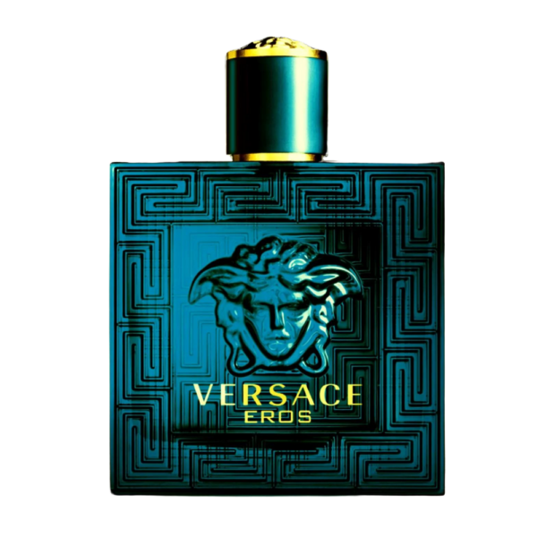 Versace Eros EDT 100ml bottle for men featuring a fresh blend of mint, vanilla, and cedarwood notes.