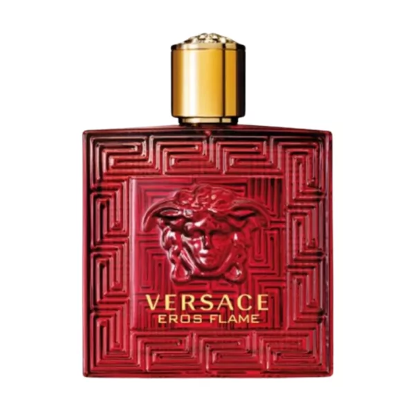 Versace Eros Flame EDP 100ml bottle for men featuring a fiery red design and a passionate scent blend of citrus, black pepper, and vanilla.