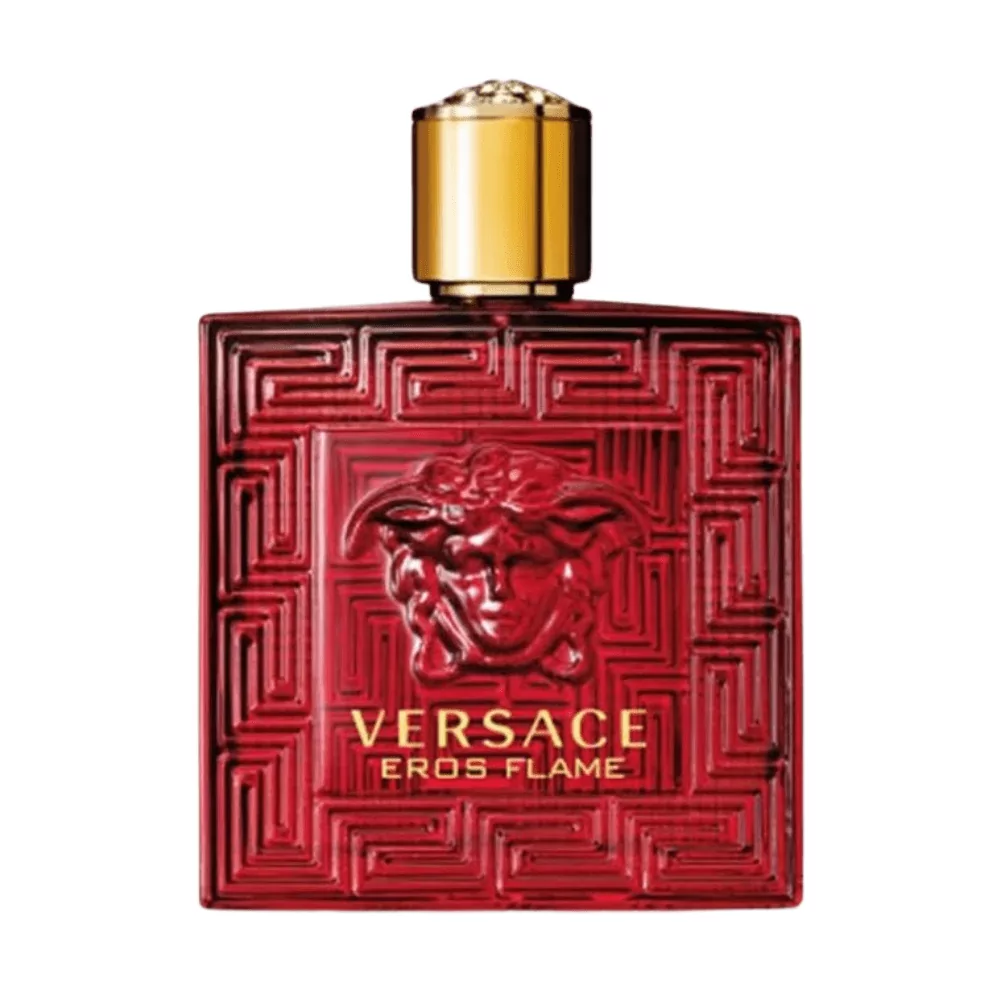 Versace Eros Flame Edp 100Ml Bottle For Men Featuring A Fiery Red Design And A Passionate Scent Blend Of Citrus, Black Pepper, And Vanilla.