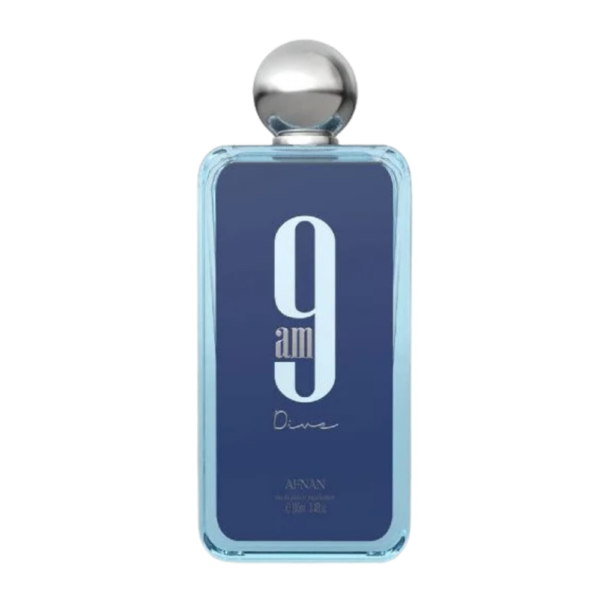 Afnan 9am Dive EDP 100ml bottle on a vibrant aquatic background, highlighting notes of mint, apple, and sandalwood.