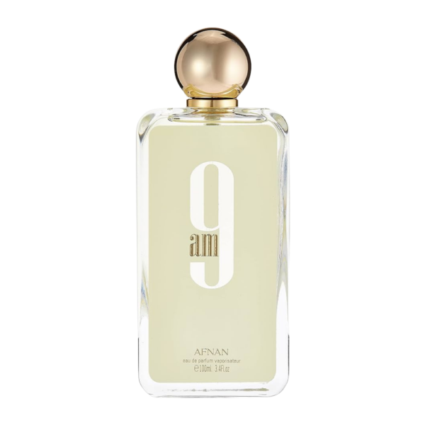 Afnan 9am EDP 100ml bottle on a vibrant background, highlighting notes of green apple, lavender, and musk.