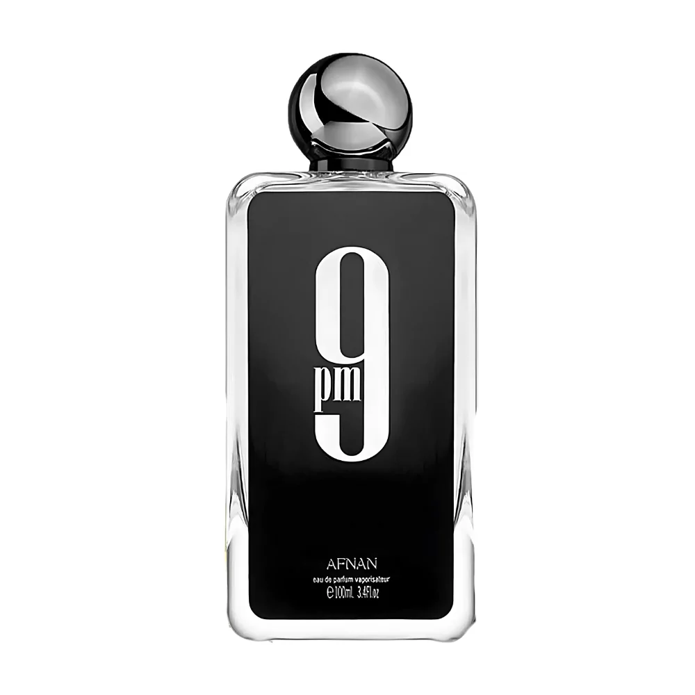 Afnan 9pm EDP 100ml bottle on a bold background, emphasizing notes of cinnamon, vanilla, and amber.